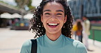 Face, student or laugh for relax, fun and walk on break on university campus in New Zealand. Happy, gen z and woman with smile, sunlight and backpack for leisure, rest and relaxation on spring day