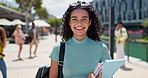 Student, girl and face at campus, outdoor and happy with books, excited and pride for education at college. Gen z person, woman and portrait with smile for learning, study and university in Mexico