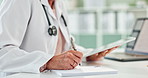 Doctor, hands and writing with notebook or tablet for prescription, schedule or results at office. Closeup of person or medical employee taking notes with technology for script or diagnosis on desk