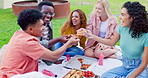 Friends, group and pizza at picnic cheers for holiday bonding with junk food for connection, weekend or outdoor. Men, woman and diversity at park meal in backyard garden in America, relax or vacation