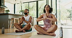 Lotus pose, couple and yoga in home for meditation and breath control for mindfulness, zen and healthy body. Man, woman and namaste in padmasana on floor for wellness and peace on mat in living room