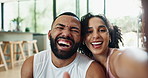 Happy couple, selfie and face in home with laughing and funny joke with love on weekend. Man, woman and bonding together in care portrait on profile picture and romantic memory on smartphone in house