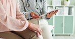 Tablet, hands and closeup of doctor with woman for consultation in hospital with research. Digital technology, discussion and healthcare worker explaining medical diagnosis to patient in clinic.