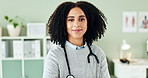 Happy, crossed arms and face of woman doctor in office at hospital with pride and confidence. Smile, professional and portrait of female healthcare worker with positive attitude in medical clinic.