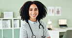 Smile, crossed arms and face of woman doctor in office at hospital with pride and confidence. Happy, professional and portrait of female healthcare worker with positive attitude in medical clinic.