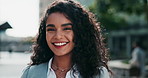 Face, happy and business woman in city for career or job of employee in urban town. Portrait, smile and professional entrepreneur outdoor, advisor and confident female person with wind in Portugal