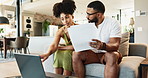 Black couple, home and laptop for budget planning with documents, bills and checklist for expenses. Living room, relationship and paperwork with household cost, invoice and discuss bank receipt