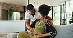 Home, couple and happy for pregnancy with bonding for care, support and love with affection. Living room, future mother and father for maternity with smile for tummy touch and together as family