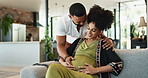 Happy couple, home and touch on baby belly on sofa, love and excited or bonding together in pregnancy. Man, woman and care in marriage for maternity support and relax conversation on couch on weekend