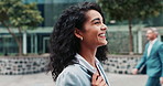 Smile, walking and business woman in city for career, job or profile of laughing consultant in the morning. Happy, entrepreneur or travel in street, outdoor or thinking to commute with wind in Brazil