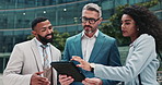 Business people, meeting and team with tablet in city for planning, project or collaboration. Group of happy employee working together on technology for data, online research or outdoor discussion