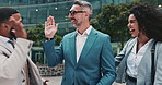 Happy business people, high five and city with tablet in teamwork, success or achievement. Group of excited employees touching hands with technology for winning, promotion or outdoor support in unity