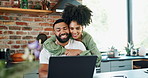 Laptop, happy couple and hug in kitchen in home for social media, online shopping and support for love. Smile, man and woman embrace by computer for reading information, email and connection together