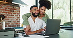 Couple, hug and laptop in home with tax, paperwork and results for loan application with smile in kitchen. Man, woman and happy with computer, embrace and documents for investment, finance or savings