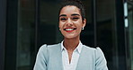Face, smile and business woman in city for career, job and  employee in urban town. Portrait, outdoor and happy professional entrepreneur, advisor and confident female person working in Portugal