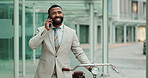 Happy, businessman and phone call with bicycle at airport for job opportunity or conversation. Young man or employee talking and walking with smile on mobile smartphone for business travel in city