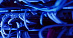 Computer engineering, data centre and server room for network infrastructure and protection of company information. Business, IT support and modern internet, neon and rows of wires for connection