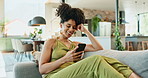 Woman, relax and smartphone on sofa for social media, meme and laugh for funny post in living room. Happy, home and person with technology for conversation, dating app or scroll on internet website