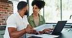 Paper, laptop and couple with argument for mortgage, loan application or financial documents. Man, woman and fight with stress in kitchen for home expenses, investment or frustrated for budgeting