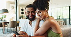 Hug, relax or happy couple on a phone for social media or streaming subscription on couch in home. Laughing at meme, booking holiday vacation online or funny people on internet to search with smile