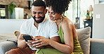 Love, laughing or happy couple on a phone for social media or network subscription on couch in home.  Post, mobile notification or funny people with smile, news or meme on internet to search to relax