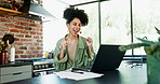 Laptop, finance and success with woman in kitchen of home for budget, investment or savings growth. Computer, accounting or documents with young winner person cheering for celebration in apartment