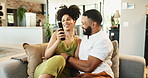 Happy couple, home and fight for remote control for watching tv and choice on cable television on weekend. Man, woman and love on couch for streaming subscription, laugh and play for bonding in house