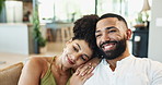 Couple, smile and sofa for chill, love and vision of romance, bonding and together in home. Engaged, woman and man on couch for thinking, idea and happiness for romantic relationship in living room