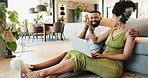 Couple, high five and laptop in home for excited celebration with partnership support, winning or good news. Man, woman and online connection in living room for winner deal, victory or relationship