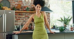 Black woman, face and happiness in kitchen for morning routine, confident and lifestyle with wellness or wellbeing. Female person, feminine and flawless with radiant smile, serenity and delight