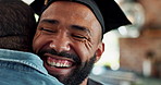 Graduation, photograph and student people hugging in home with phone for celebration or memory. Education, face and smile with friends embracing for university achievement or college success together