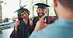 Graduation, students and excited with photography in home with diploma, academic achievement or success. Graduate, man and woman with phone for celebration, social media post or peace sign in kitchen