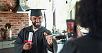 Graduate, students and excited with photography in home with diploma, academic achievement and success. Graduation, man and woman with phone for celebration, social media post and memories in kitchen