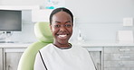 Happy, black woman and dental care with teeth at dentist for clean mouth, gum or oral treatment at clinic. Portrait of African female person with big smile for tooth whitening, hygiene or healthcare