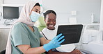 Happy woman, dentist and tablet with patient for dental care, results or tooth whitening at clinic. Young female person or orthodontist showing customer before and after teeth treatment on technology