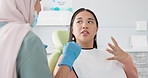 Woman, dentist and consultation with patient for dental care, teeth cleaning or treatment at clinic. Face of young female person or orthodontist consulting customer for oral, gum or tooth whitening
