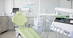 Empty room, chair and dentist equipment with cleaning tools of interior or operating room. Furniture, dental office or workplace for healthcare, hygiene or dental examination area or indoor space