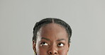 African, woman and forehead with thinking, studio and ideas for planning or vision. Student, face and eye for emoji, question or doubt for mockup and confused mind or why isolated on white background