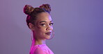 Woman, beauty and makeup with face, glow and confidence with earrings and glitter on purple background. Fashion, cosmetics in portrait and cosmetology, space buns hairstyle and funky style in studio