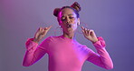 Woman, dancing and music with earphones in studio or streaming entertainment or neon light, playlist or listening. Female person, happy and purple background for techno radio, stress relief or mockup