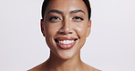 Happy, face and woman with beauty from skincare, dermatology or smile in white background of studio. Girl, model and person with healthy glow on skin from cosmetics, treatment or wellness in mockup