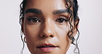 Face, closeup and woman with beauty from skincare and dermatology in white background of studio. Girl, model and person with healthy glow on skin from cosmetics, treatment or texture in mockup