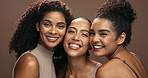 Face, women and happy in studio for beauty or skincare with diversity for support and wellness. Natural makeup, cosmetology and dermatology with cosmetics for glowing skin, self care and aesthetic