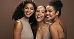 Face, women and together in studio for skincare or beauty with diversity for support and wellness. Natural makeup, cosmetology and dermatology with cosmetics for glowing skin, self care and aesthetic