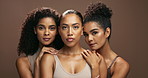 Face, women and together in studio with makeup for natural beauty or skincare with diversity for support and wellness. Aesthetic and dermatology with cosmetics for glowing, unique skin and self care.