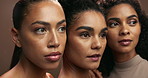Women, beauty and group for skincare in studio for wellness, solidarity and care with skin by brown background. Girl friends, people and model for wellness, hug or natural makeup for facial cosmetics
