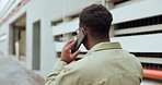 Business man, phone call and back in street with conversation, listening and contact with ideas in road. Person, employee and smartphone with walking, chat or communication on metro sidewalk in Kenya