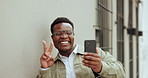 Business man, selfie and peace sign in city with smile for photography, memory or travel on street. African person, employee and happy with icon, symbol or v emoji for profile picture on social media