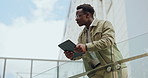 Black man, city and thinking with tablet on balcony for research, communication or networking. Young African businessman in wonder or thought with technology on terrace for vision or creative startup