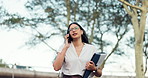 Business, phone call and woman walking in city with documents for planning, networking or research outdoor. Smartphone, conversation or female consultant with sales, portfolio or client communication